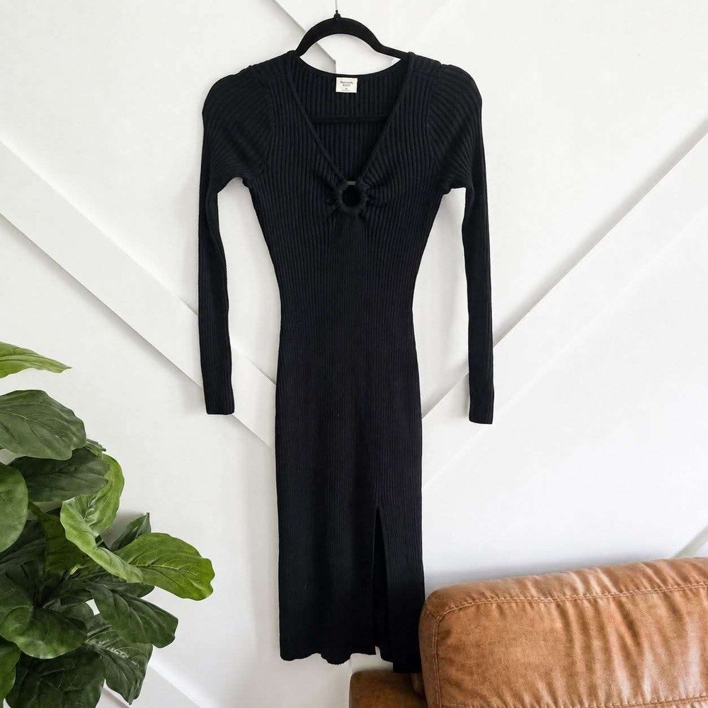 Abercrombie & Fitch Midi Dress Women XS Black Ribbed O-Ring V-Neck Side Slit